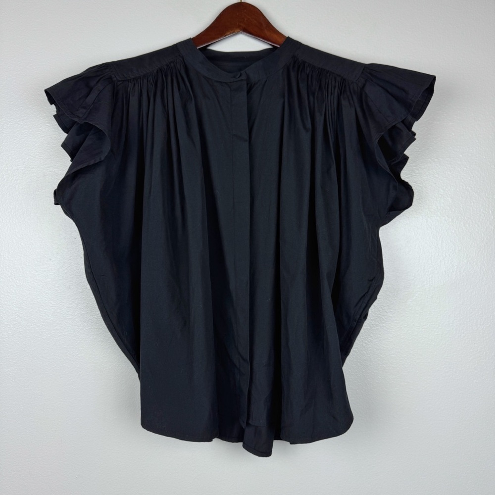 Madewell Poplin Shirred Button Up Cotton Short Sleeve Shirt Black Size XL NWT - Picture 4 of 8